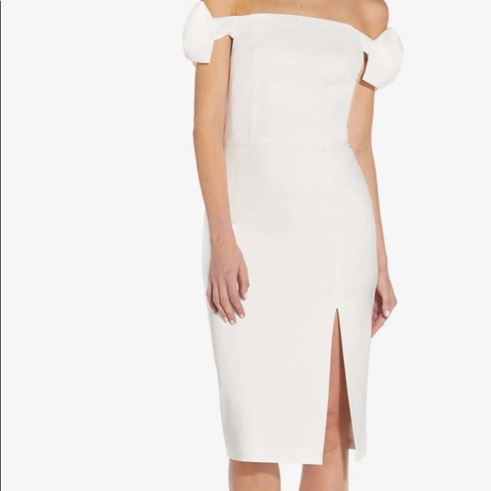 OFF-THE-SHOULDER CREPE COCKTAIL SHEATH DRESS WITH BOWS IN IVORY